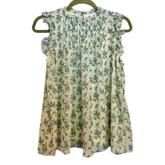 &Merci Tops - &Merci green floral ruffle neck pleated sleeveless blouse